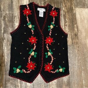 Victoria Jones Woman Black V-Neck Sweater with Red and Green Floral Embroidery